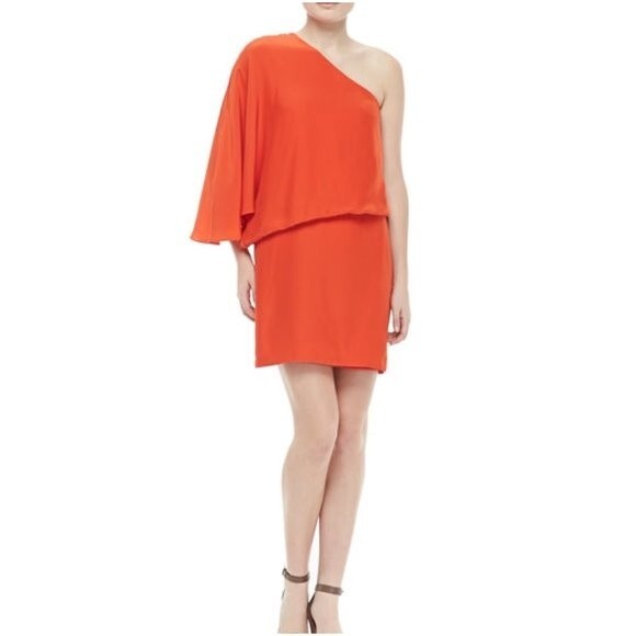 Elizabeth and James Orange Helma One Shoulder Flutter Short Silk Dress 8 - Picture 1 of 16